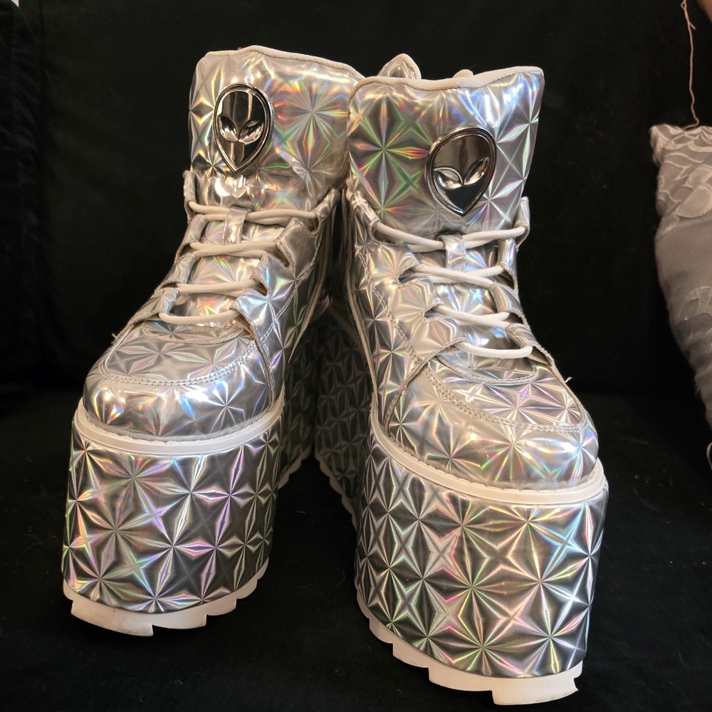 YRU Silver Holographic Platform Shoes